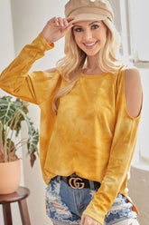 BiBi Tie-Dye French Terry Round Neck Cold Shoulder T-Shirt - MyEmpired