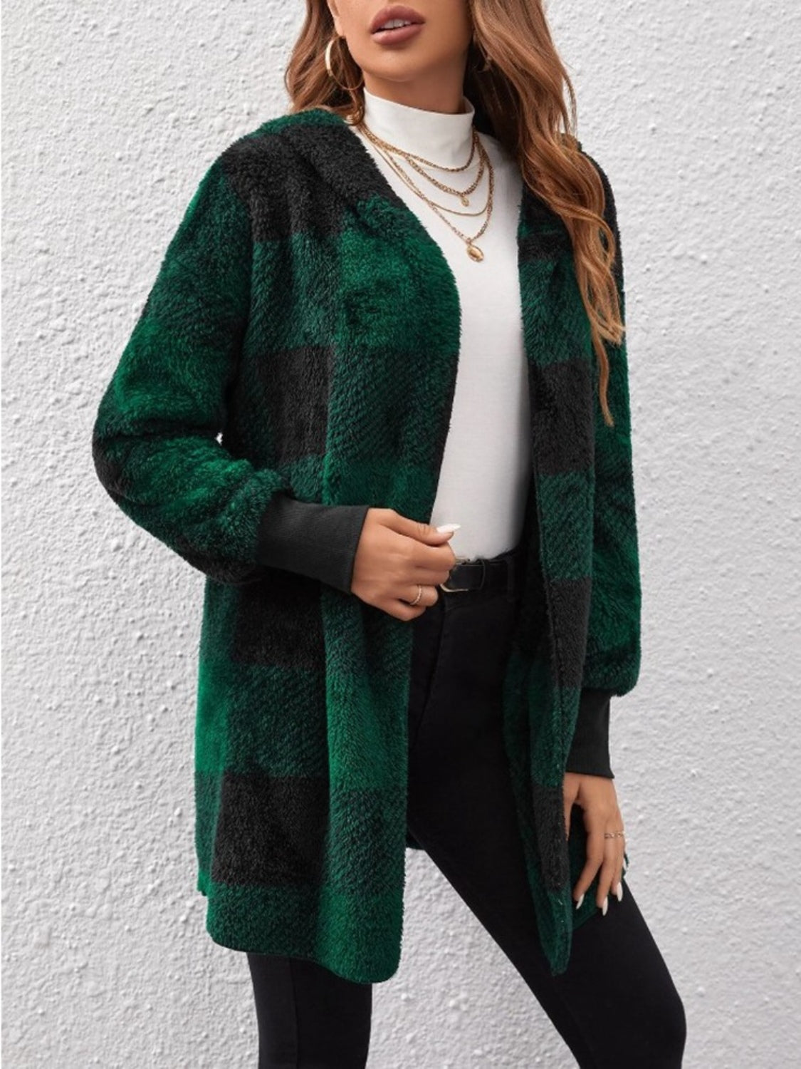 Plaid Long Sleeve Hooded Coat - MyEmpired