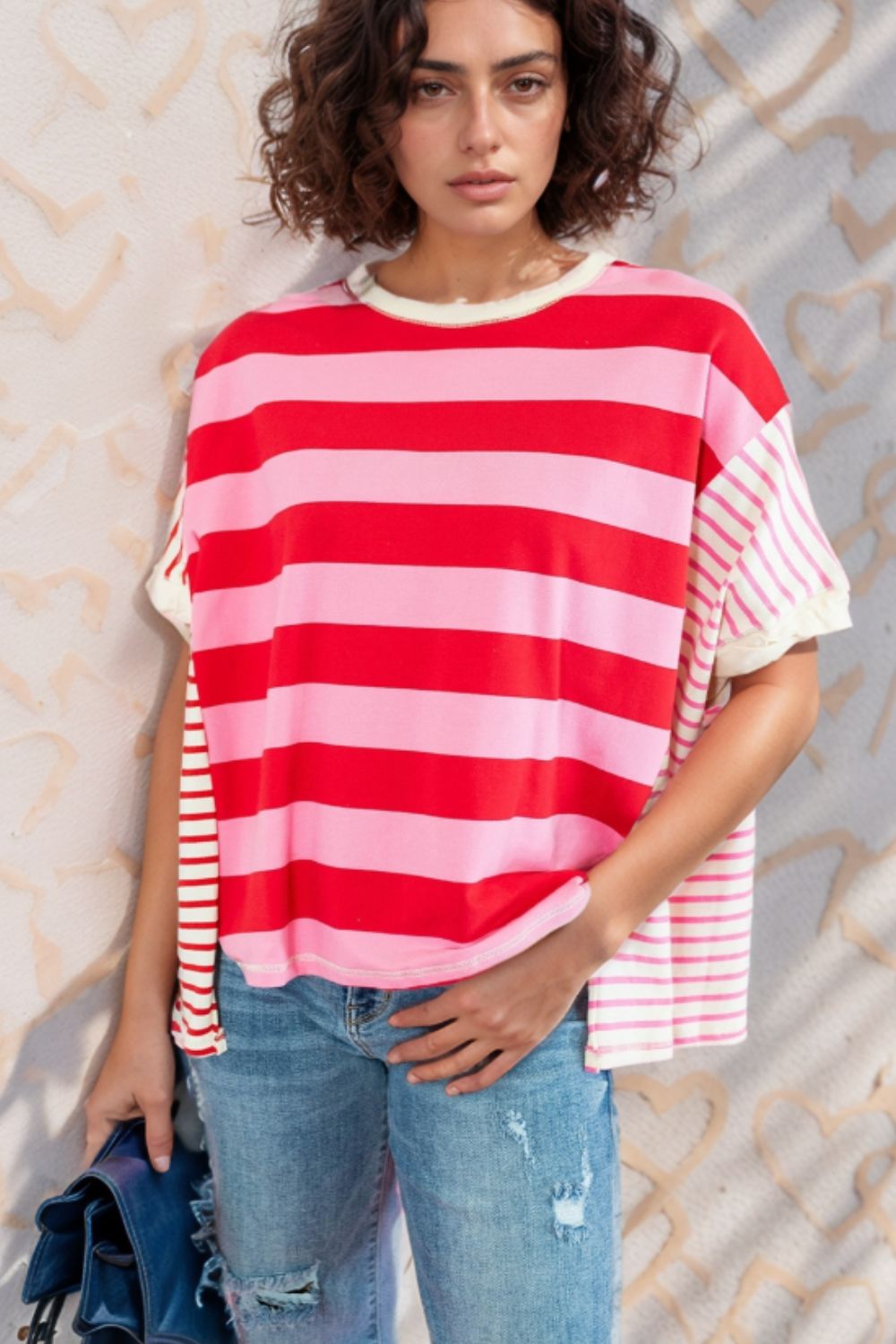 Stripe Side Slit Round Neck T-Shirt - MyEmpired