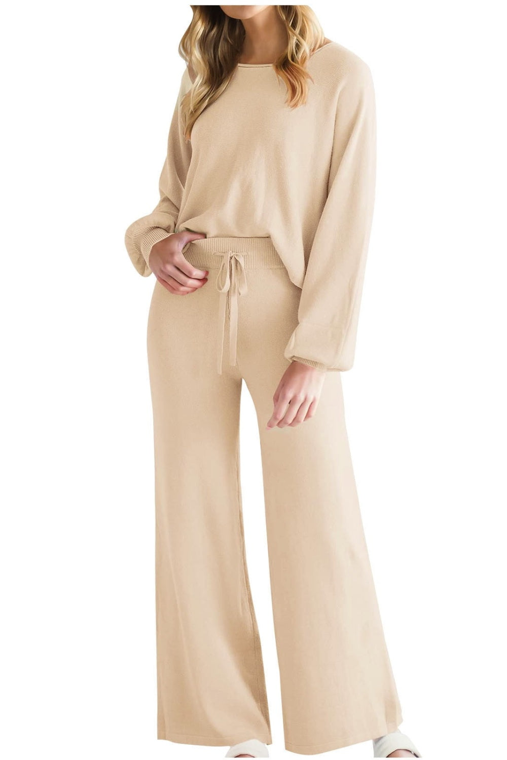 Round Neck Long Sleeve Top and Pants Set - MyEmpired