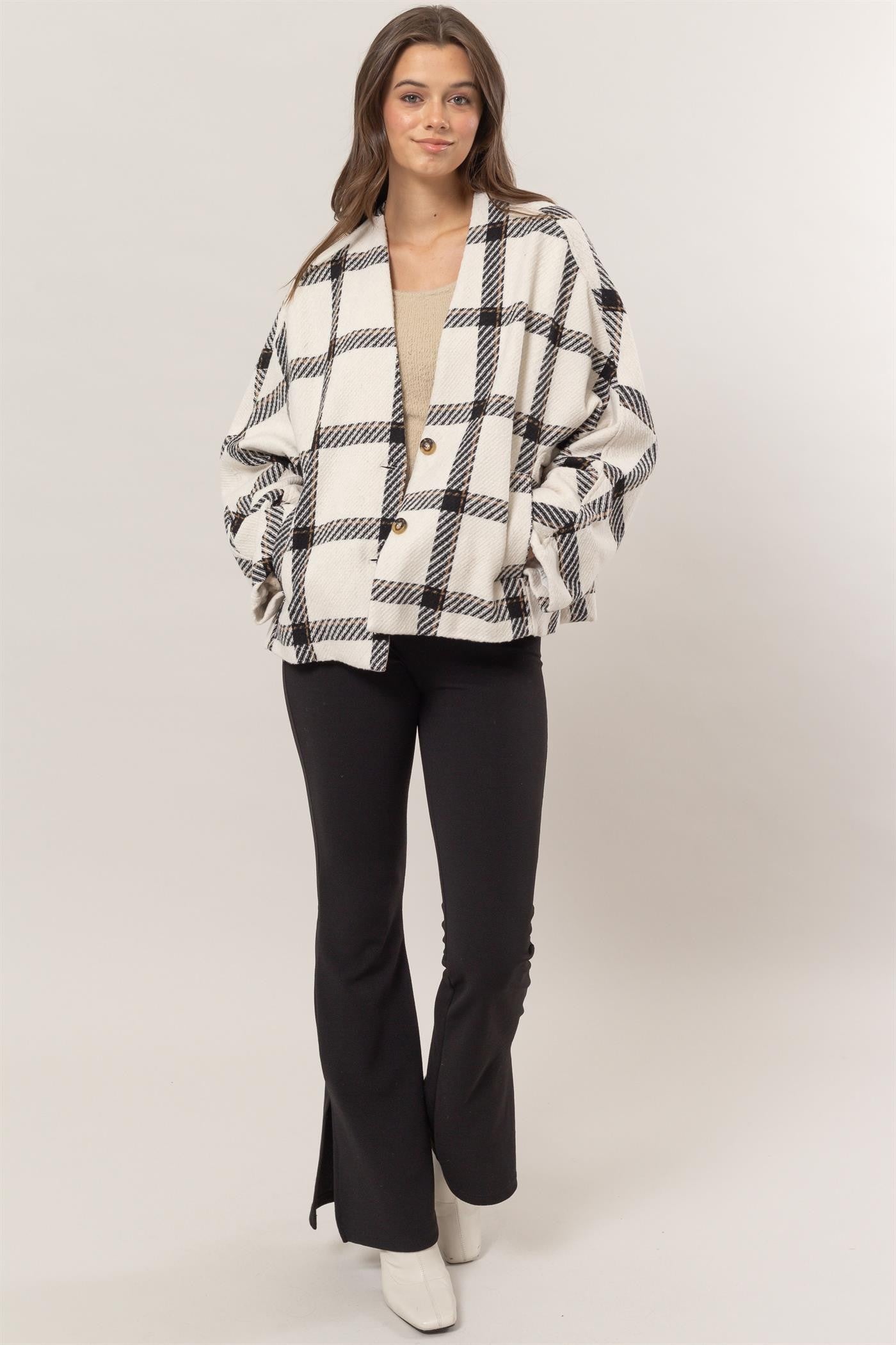 HYFVE Plaid Long Sleeve Jacket with Side Slit Pockets - MyEmpired