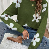 Floral Pattern Crew Neck Sweater, Casual Long Sleeve Sweater For Fall & Winter, Women&