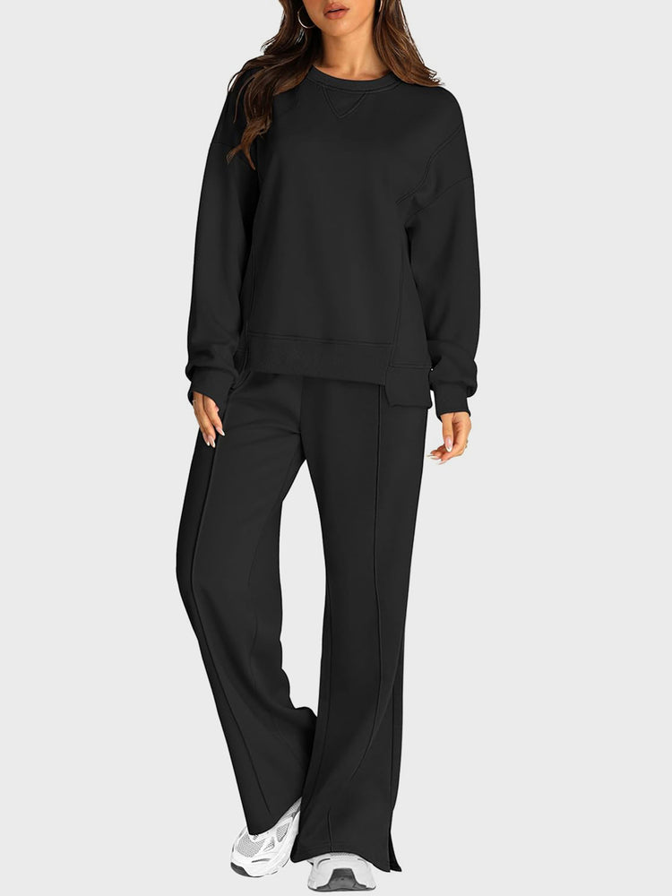 Round Neck Long Sleeve Top and Slit Pants Set - MyEmpired
