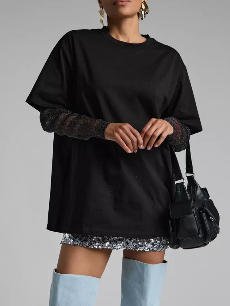 Faux Layered Round Neck Mesh Sleeve Top - MyEmpired