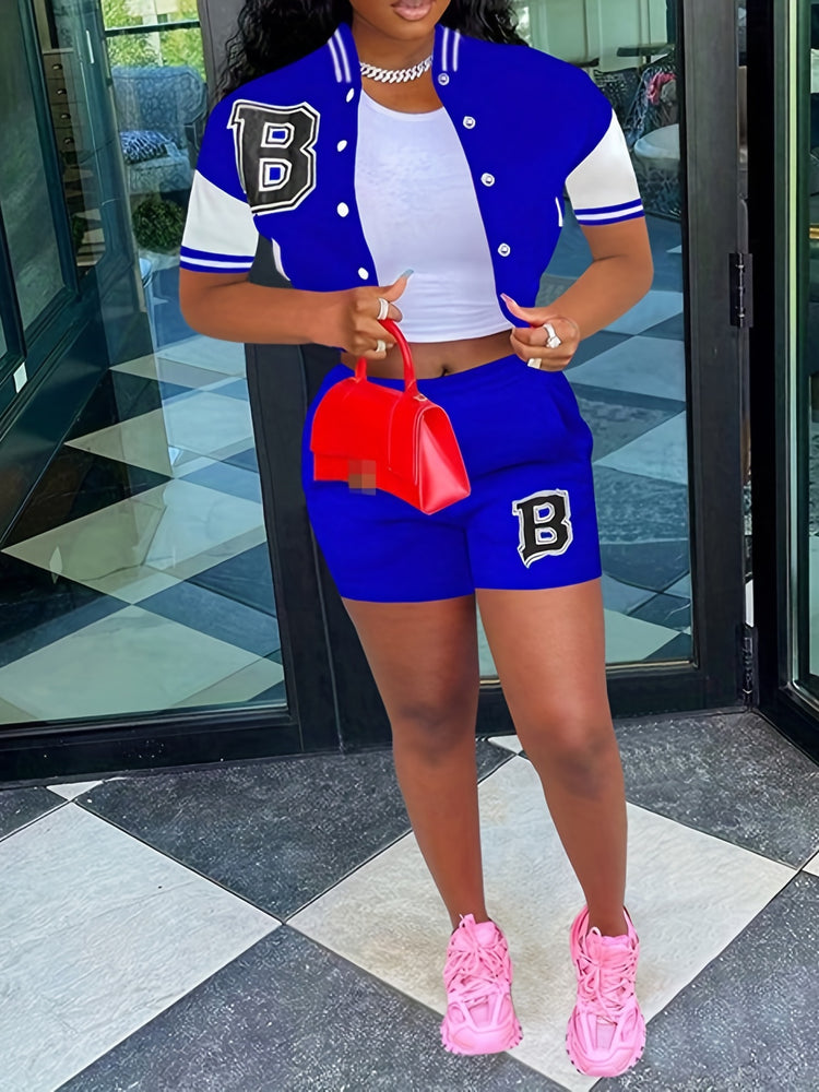 Letter Print Matching Two-piece Set, Color Block Jacket & Elastic Shorts Outfits, Women&