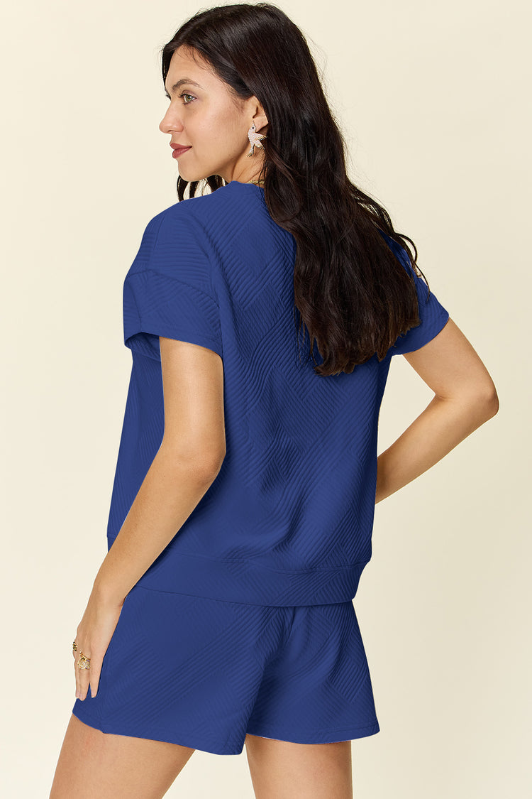 Double Take Full Size Texture Short Sleeve T-Shirt and Drawstring Shorts Set - MyEmpired