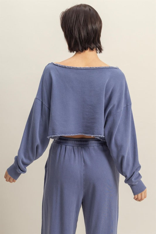 HYFVE Frayed Detail Boat Neck Long Sleeve Crop Top - MyEmpired