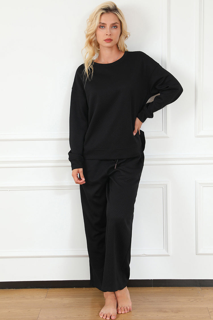 Double Take Full Size Textured Long Sleeve Top and Drawstring Pants Set - MyEmpired