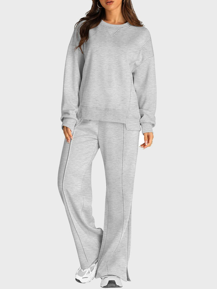 Round Neck Long Sleeve Top and Slit Pants Set - MyEmpired