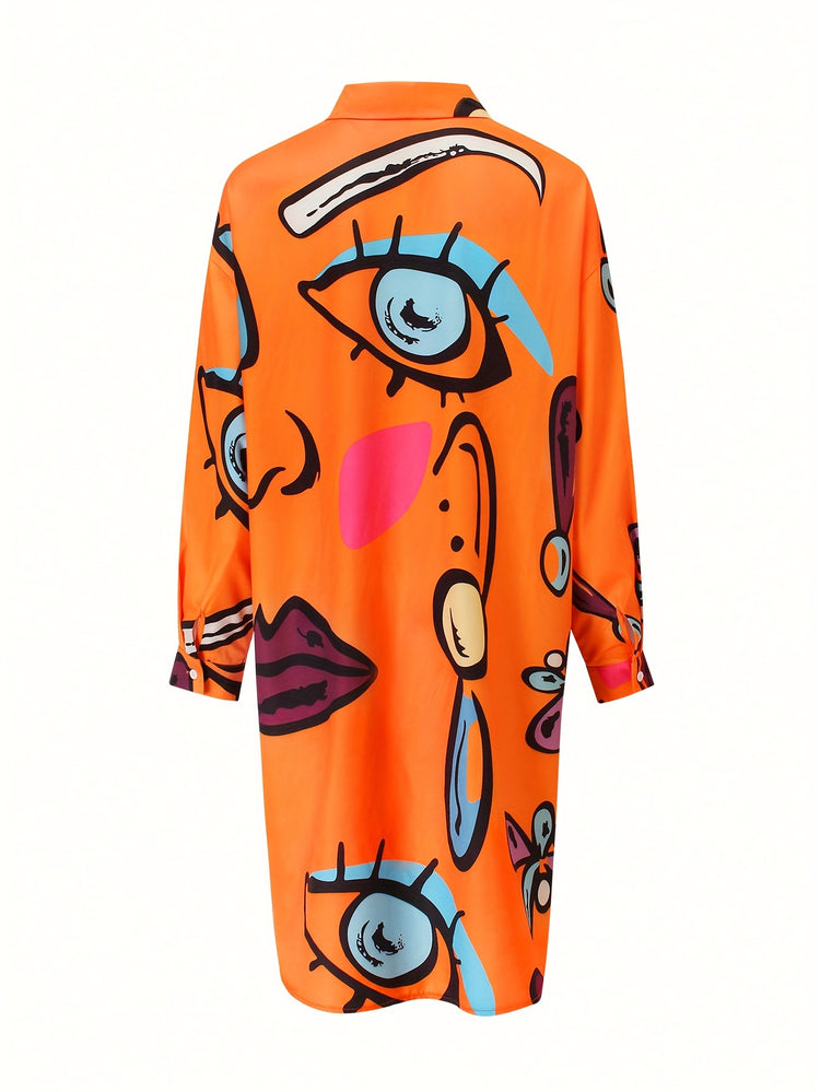 Abstract Print Button Front Shirt Dress - MyEmpired