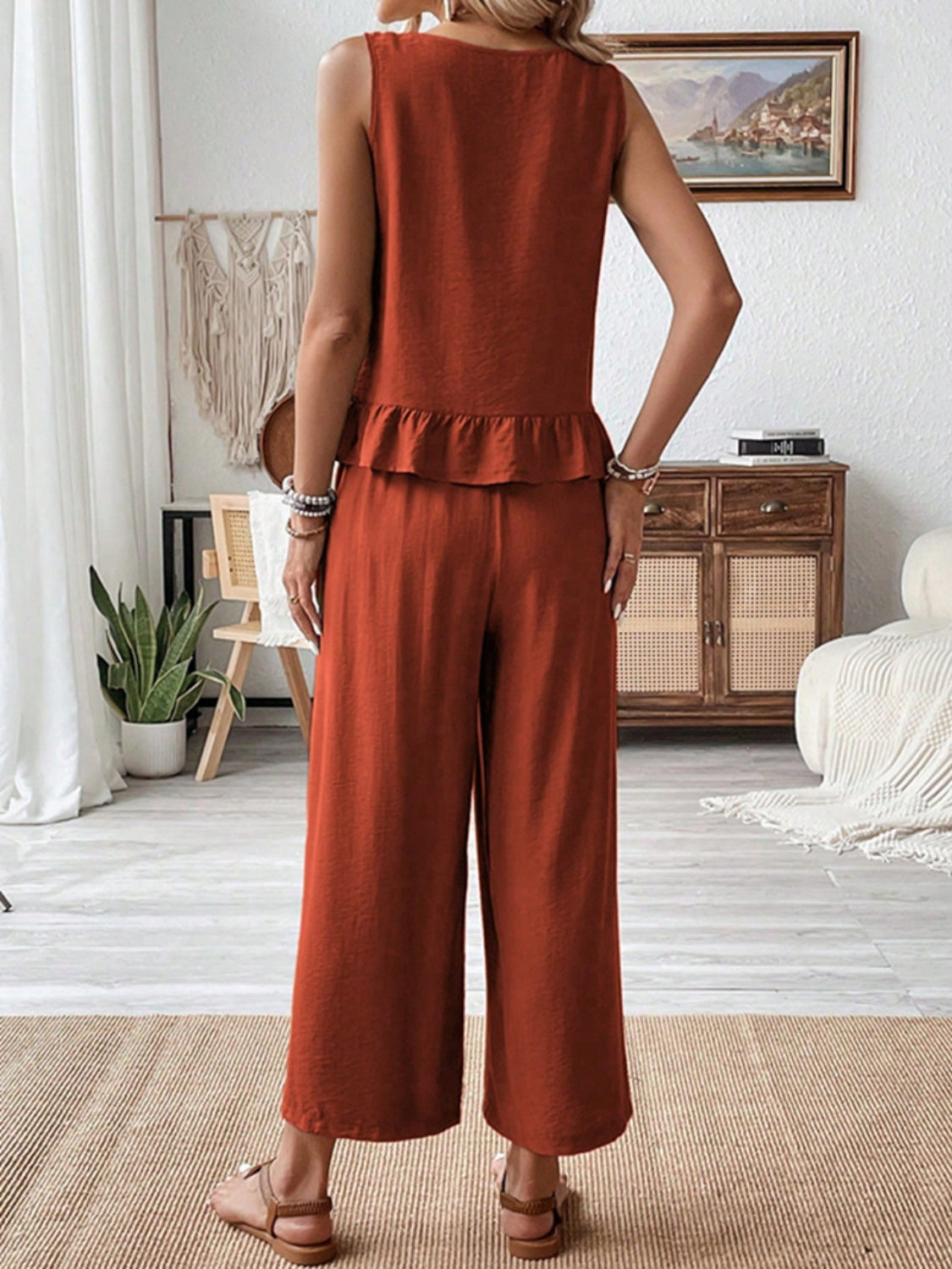 Ruffled Round Neck Top and Wide Leg Pants Set - MyEmpired