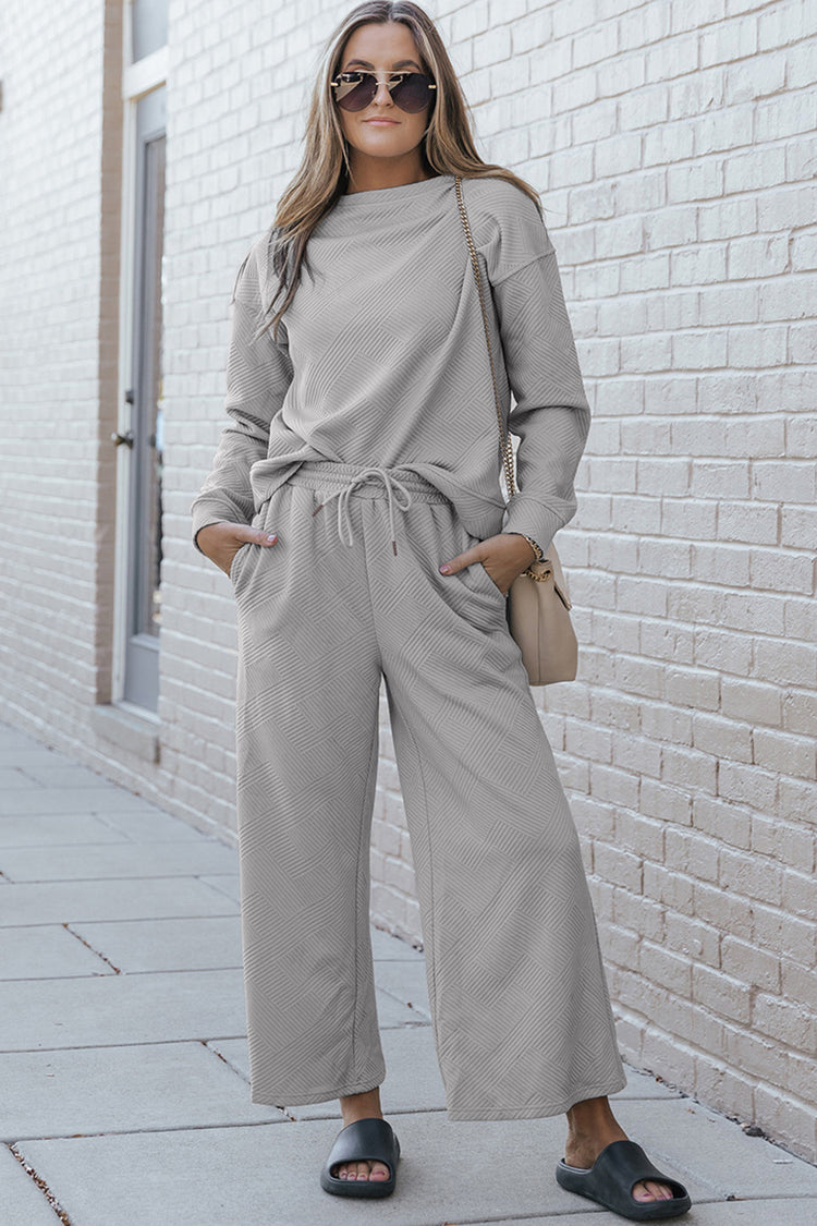 Double Take Full Size Textured Long Sleeve Top and Drawstring Pants Set - MyEmpired