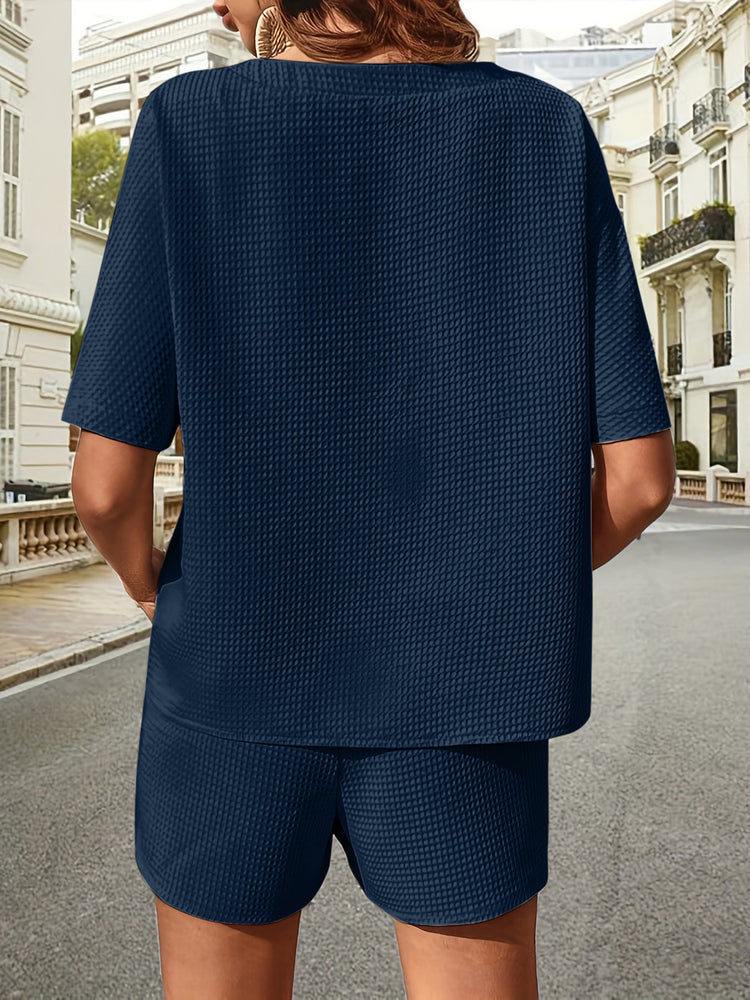 Waffle-Knit Half Sleeve Top and Shorts Set - MyEmpired