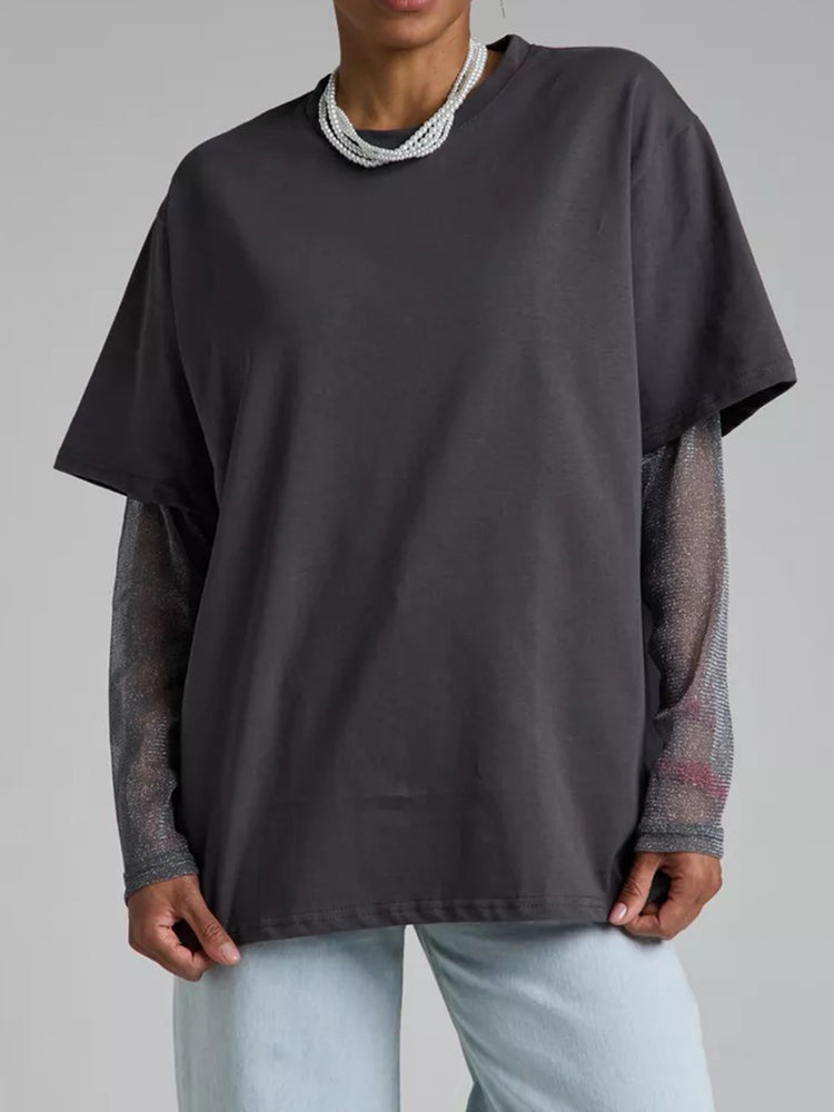Faux Layered Round Neck Mesh Sleeve Top - MyEmpired