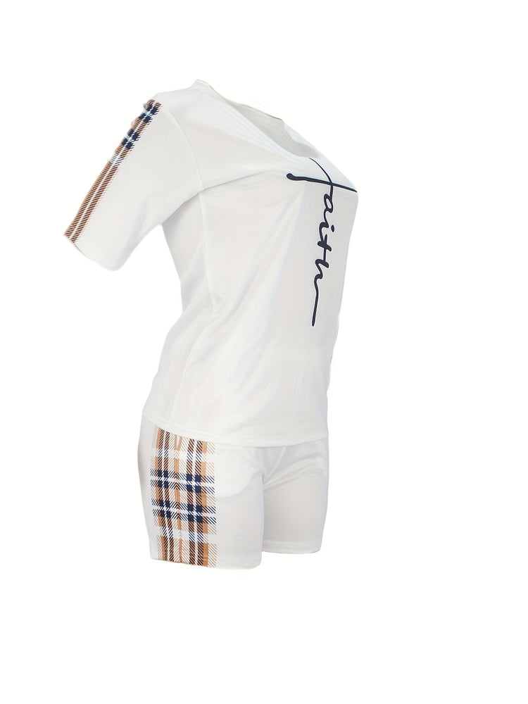 Plaid Print Splicing Two-piece Set, Faith Print Short Sleeve Tops & Pocket Workout Shorts Outfits, Women&