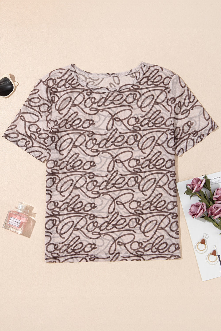 Printed Round Neck Short Sleeve Mesh T-Shirt - MyEmpired