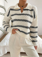 Striped Cable Knit Sweater, Elegant Collared Long Sleeve Drop Shoulder Sweater For Fall & Winter, Women&