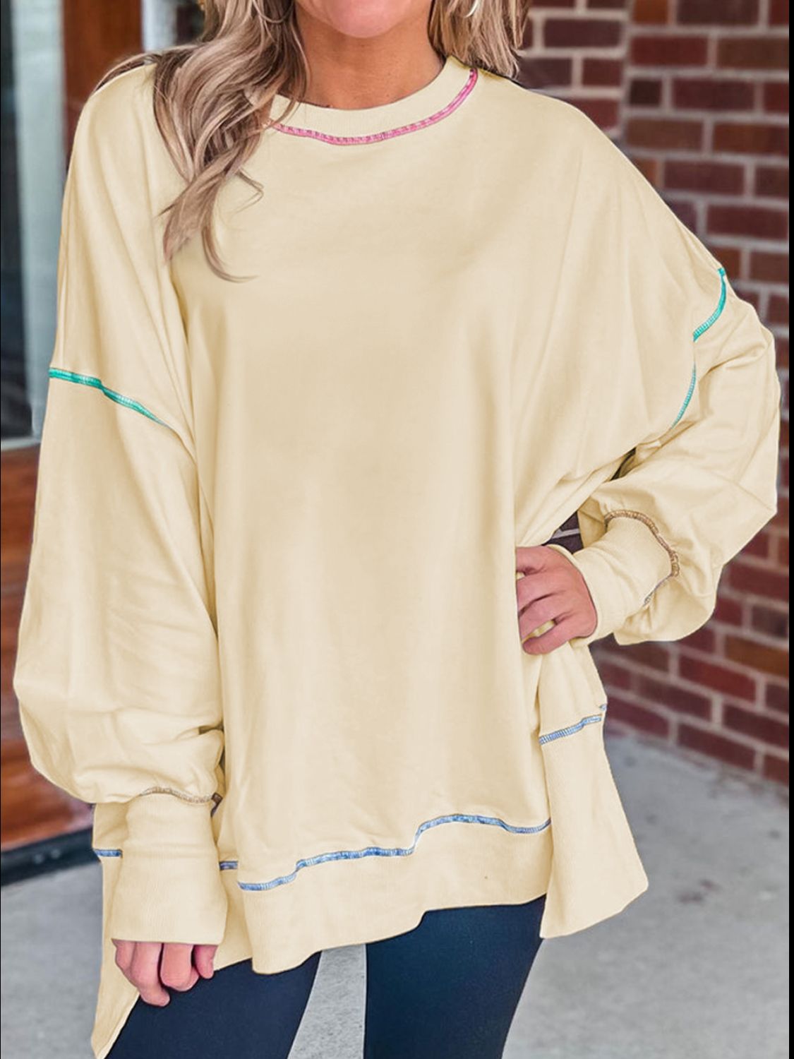 Slit Round Neck Lantern Sleeve Sweatshirt - MyEmpired