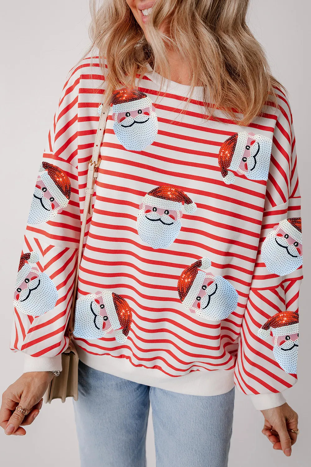 Sequin Santa Striped Round Neck Long Sleeve Sweatshirt - MyEmpired