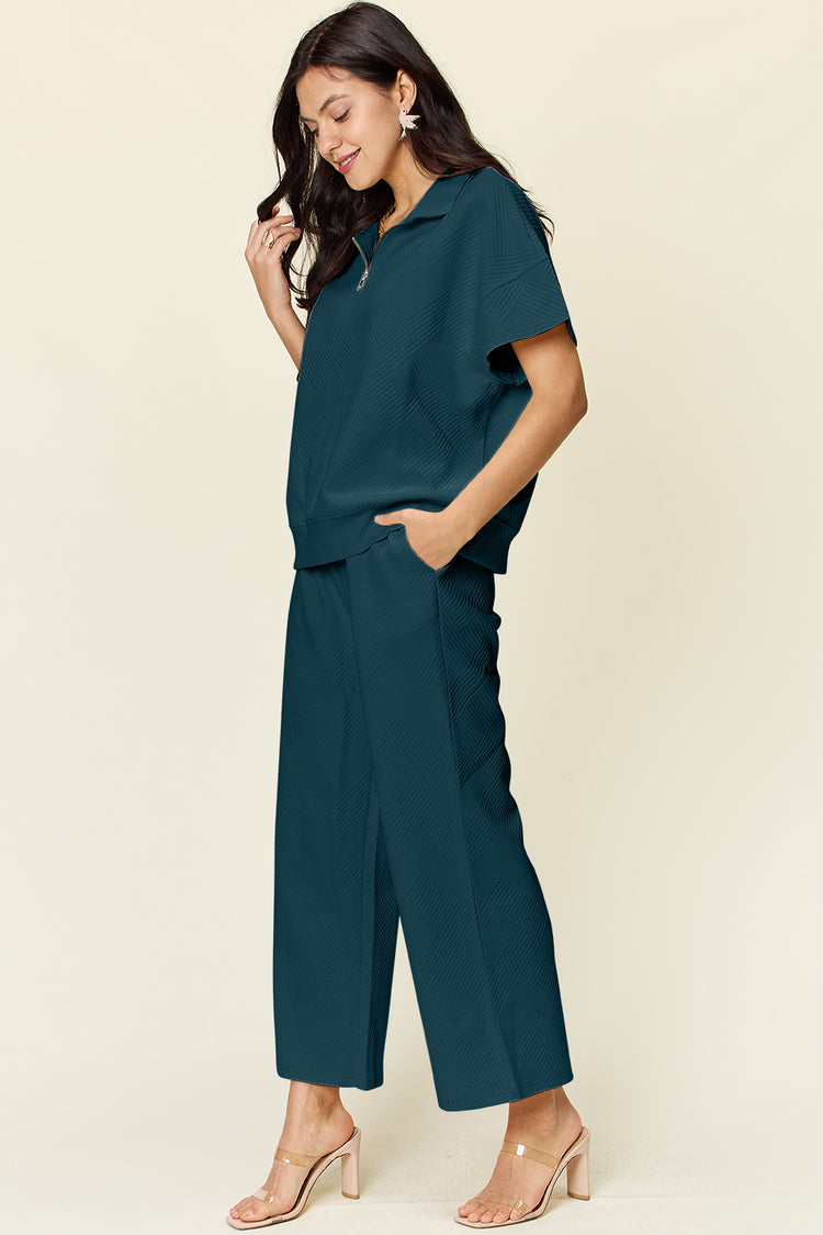 Double Take Full Size Texture Half Zip Short Sleeve Top and Pants Set - MyEmpired