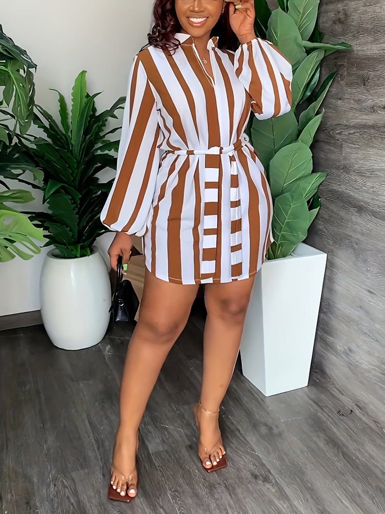 Striped Print Lantern Sleeve Dress, Casual Tie-waist Notch Neck Dress, Women&
