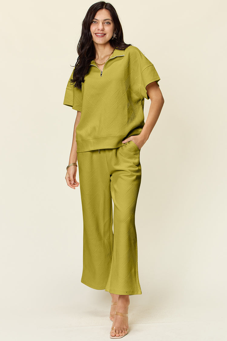 Double Take Full Size Texture Half Zip Short Sleeve Top and Pants Set - MyEmpired