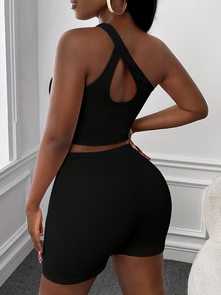 Solid Slim Sexy Shorts Set, One Shoulder Asymmetrical Neck Backless Sleeveless Crop Top & High Waist Skinny Shorts Outfits, Women&