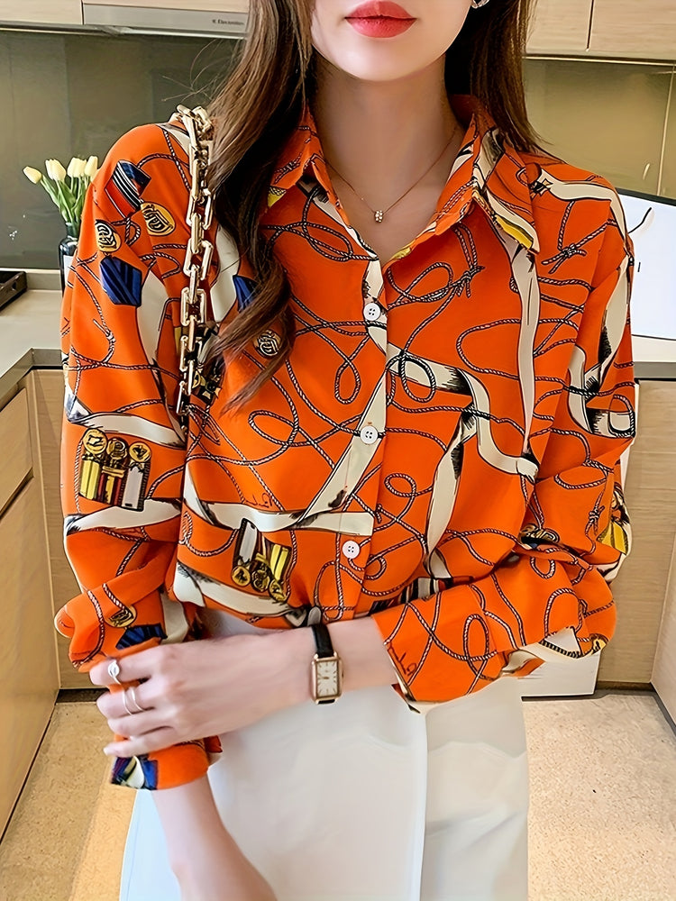 Graphic Print Button Front Shirt, Casual Long Sleeve Shirt For Spring, Women&