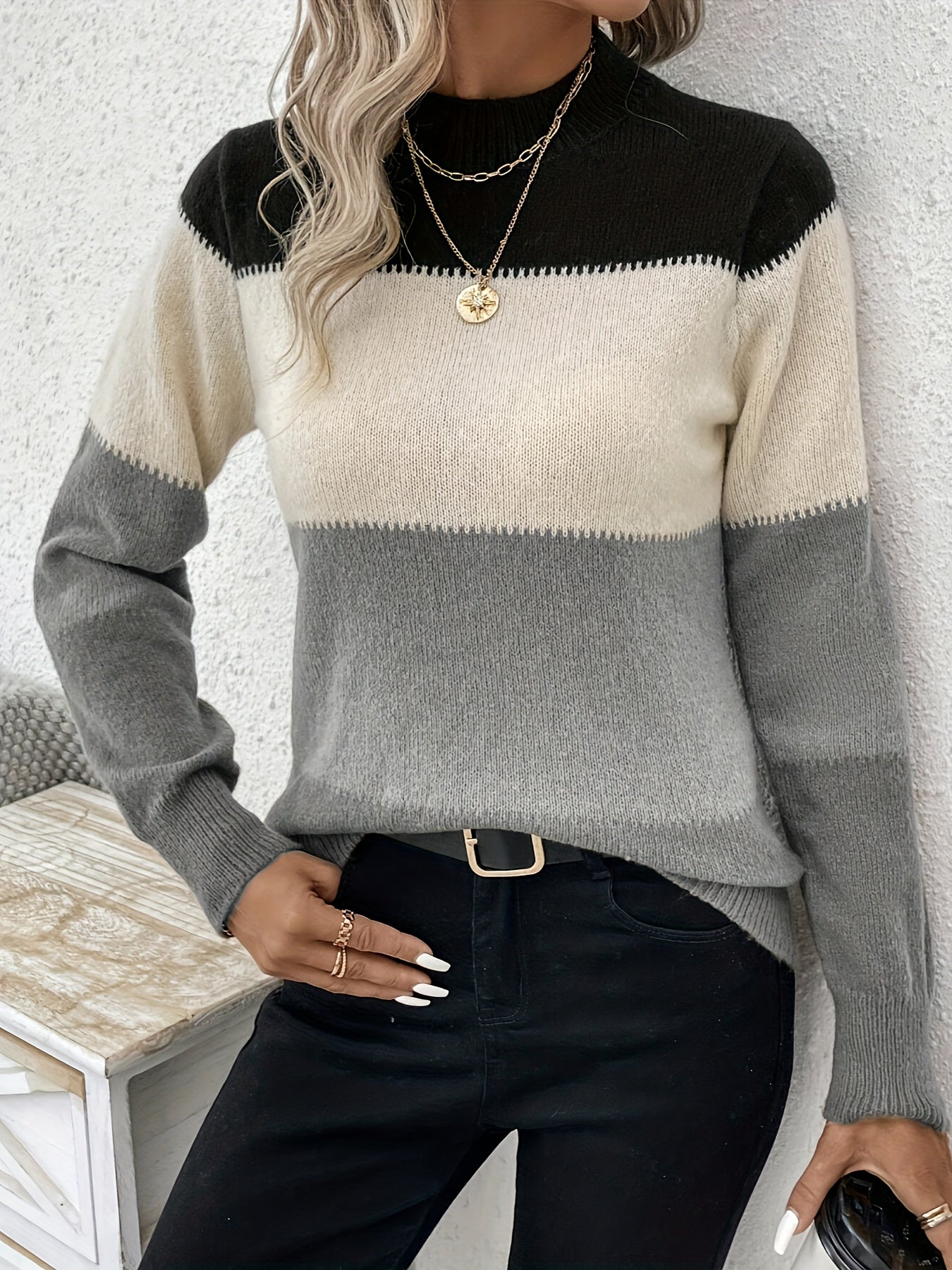 Color Block Mock Neck Pullover Sweater, Casual Long Sleeve Simple Sweater, Women&