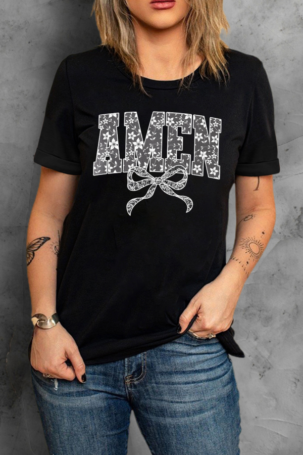 AMEN Bow Round Neck Short Sleeve T Shirt - MyEmpired