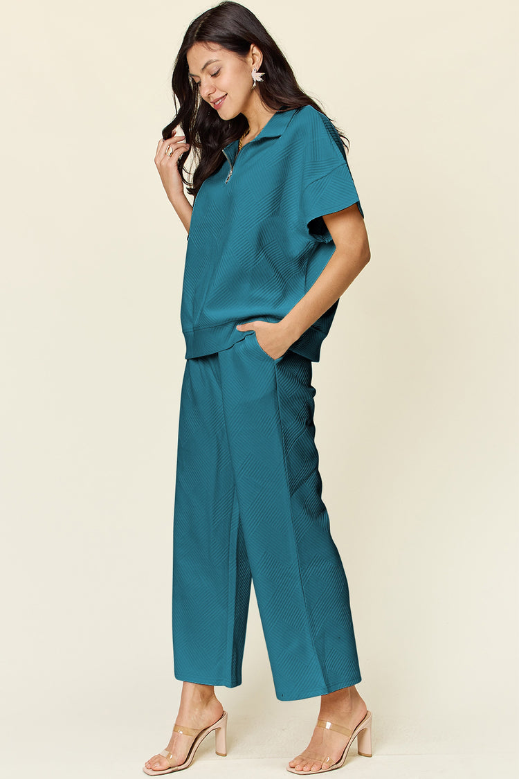 Double Take Full Size Texture Half Zip Short Sleeve Top and Pants Set - MyEmpired