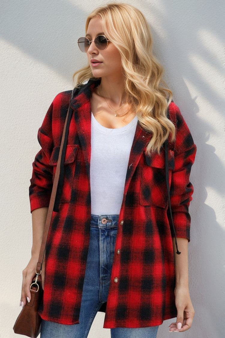Double Take Drawstring Plaid Long Sleeve Hooded Shacket - MyEmpired