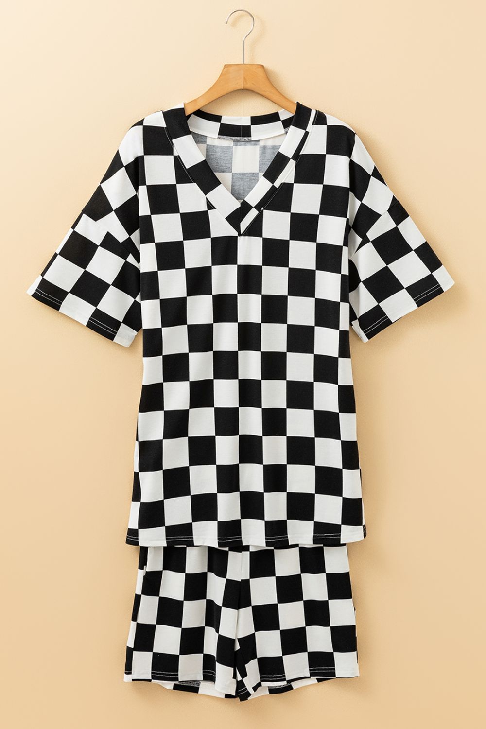 Checkerboard V Neck Loose Tee and Shorts Set - MyEmpired