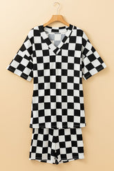 Checkerboard V Neck Loose Tee and Shorts Set - MyEmpired