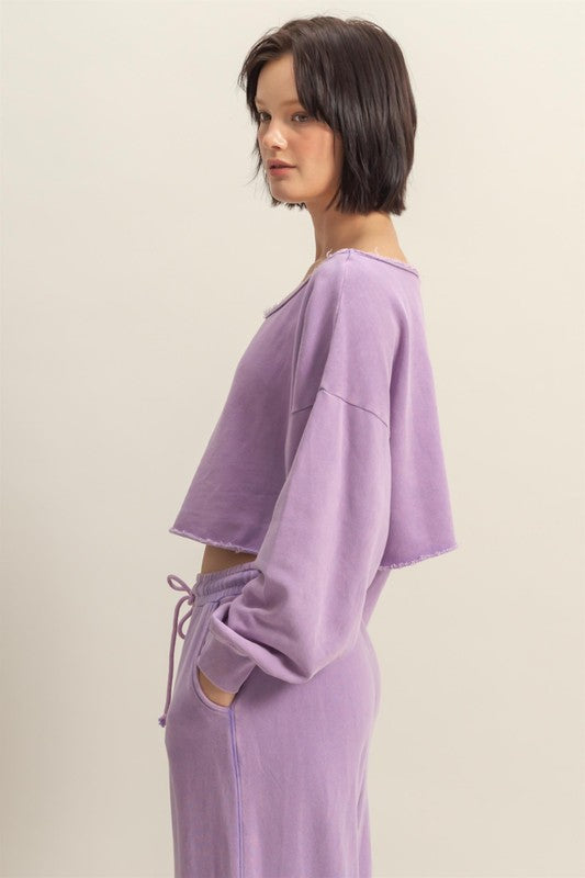 HYFVE Frayed Detail Boat Neck Long Sleeve Crop Top - MyEmpired