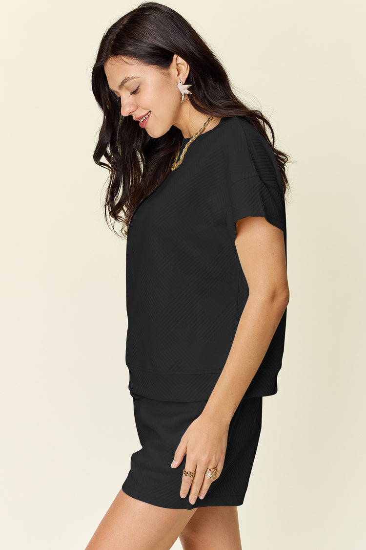Double Take Full Size Texture Short Sleeve T-Shirt and Drawstring Shorts Set - MyEmpired
