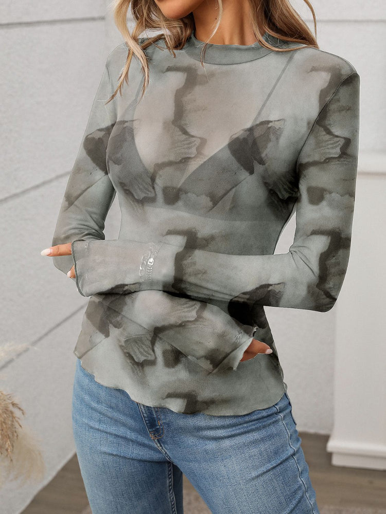 Printed Mock Neck Long Sleeve Mesh T-Shirt - MyEmpired