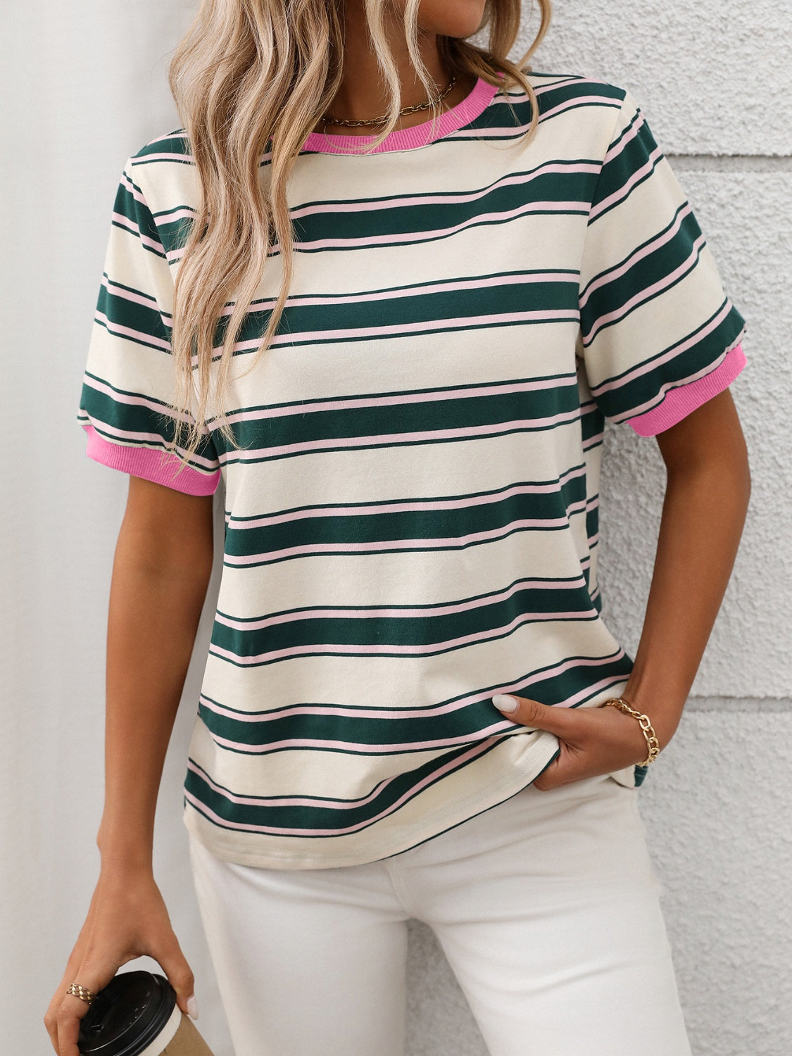 Contrast Striped Round Neck Short Sleeve T-Shirt - MyEmpired