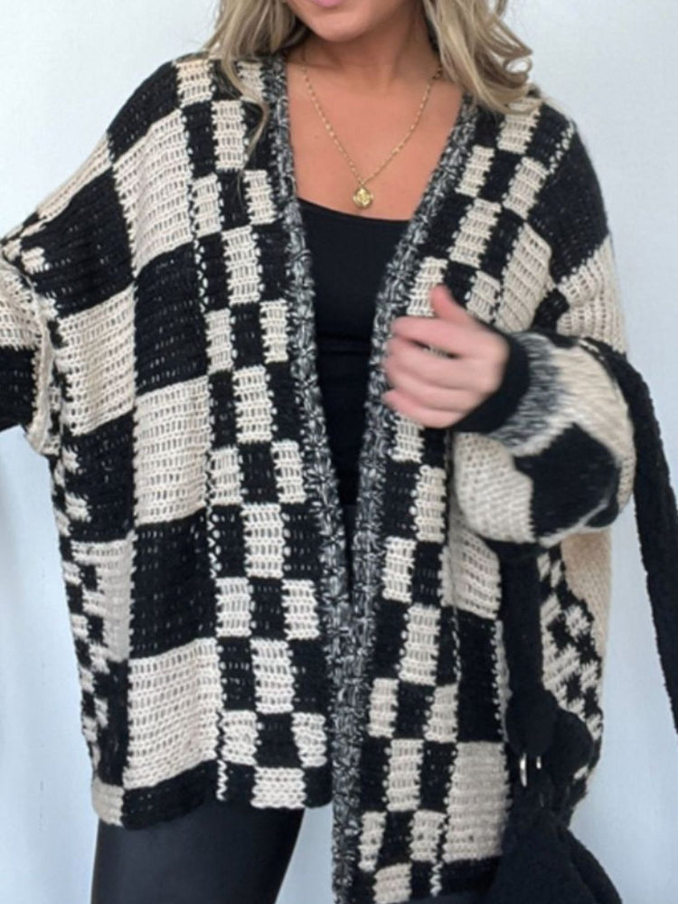Plaid Open Front Long Sleeve Cardigan - MyEmpired