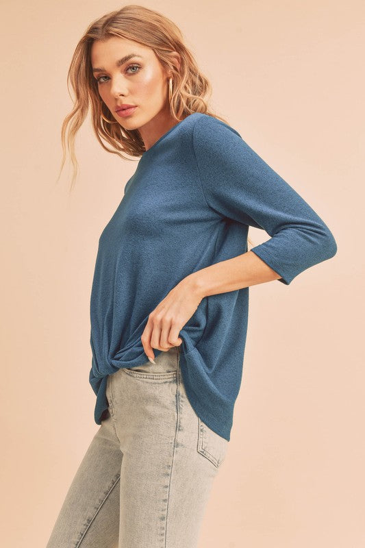 Aemi + Co Twist Front Round Neck 3/4 Sleeve T-Shirt - MyEmpired