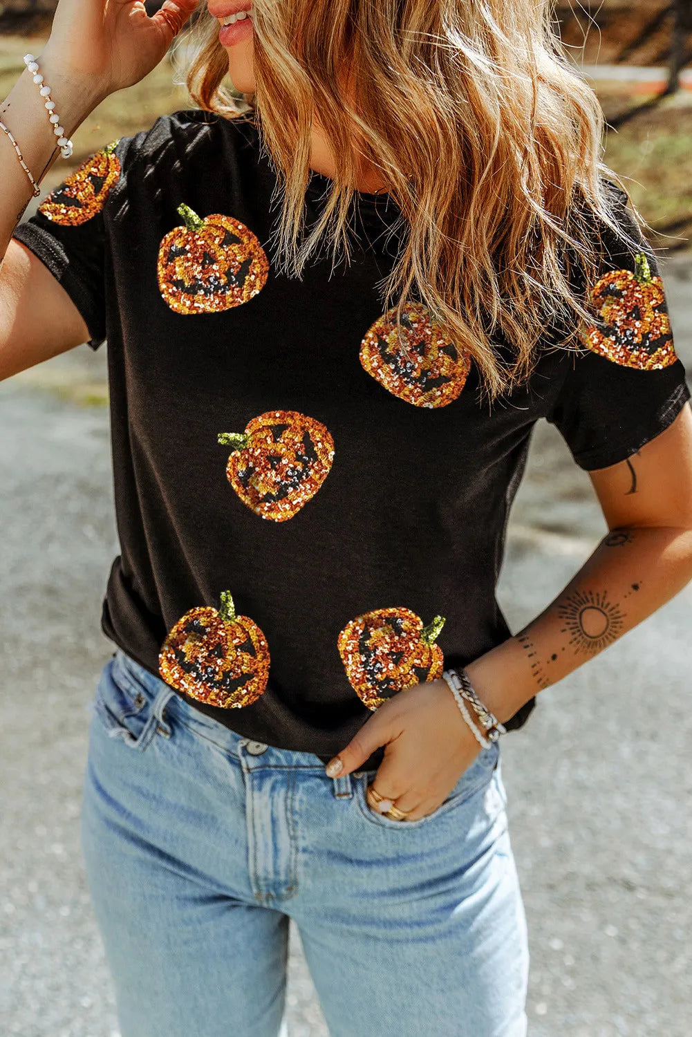 Sequin Pumpkin Round Neck Short Sleeve T-Shirt - MyEmpired