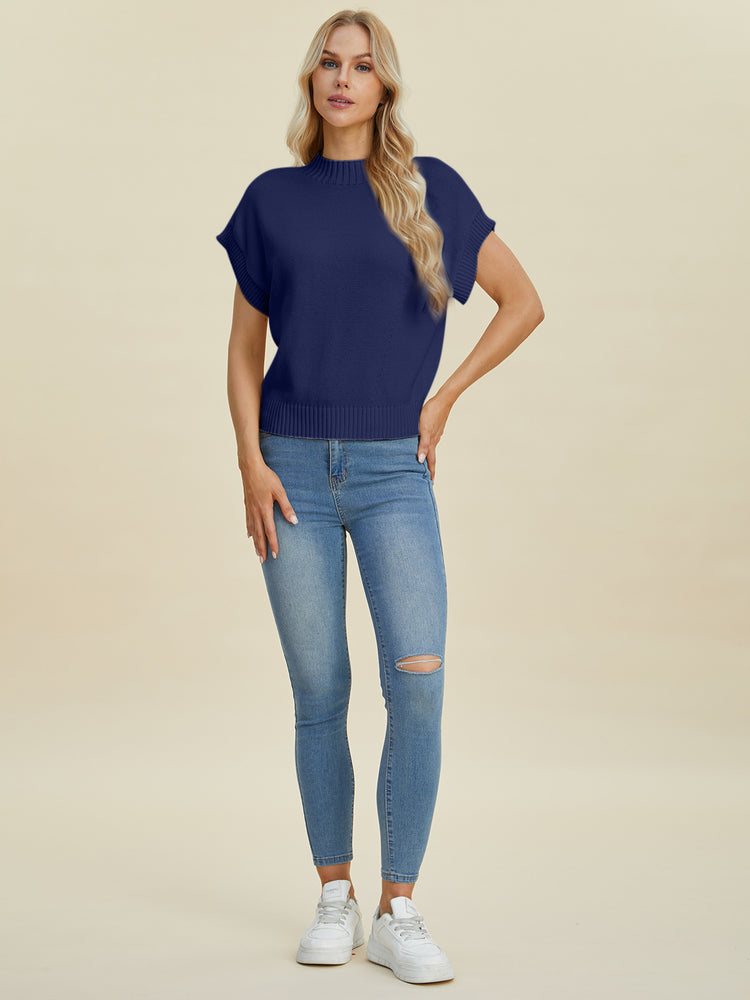 Double Take Full Size Mock Neck Short Sleeve Sweater - MyEmpired