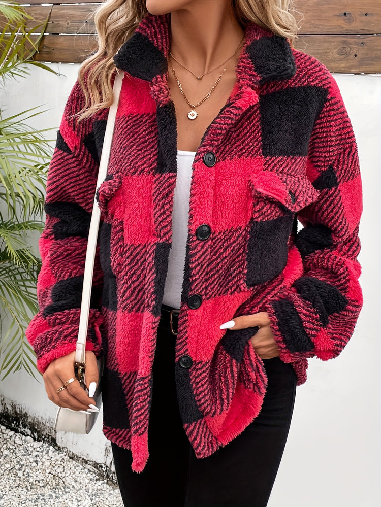 Plaid Fuzzy Fall & Winter Coat, Casual Button Front Long Sleeve Warm Outerwear, Women&