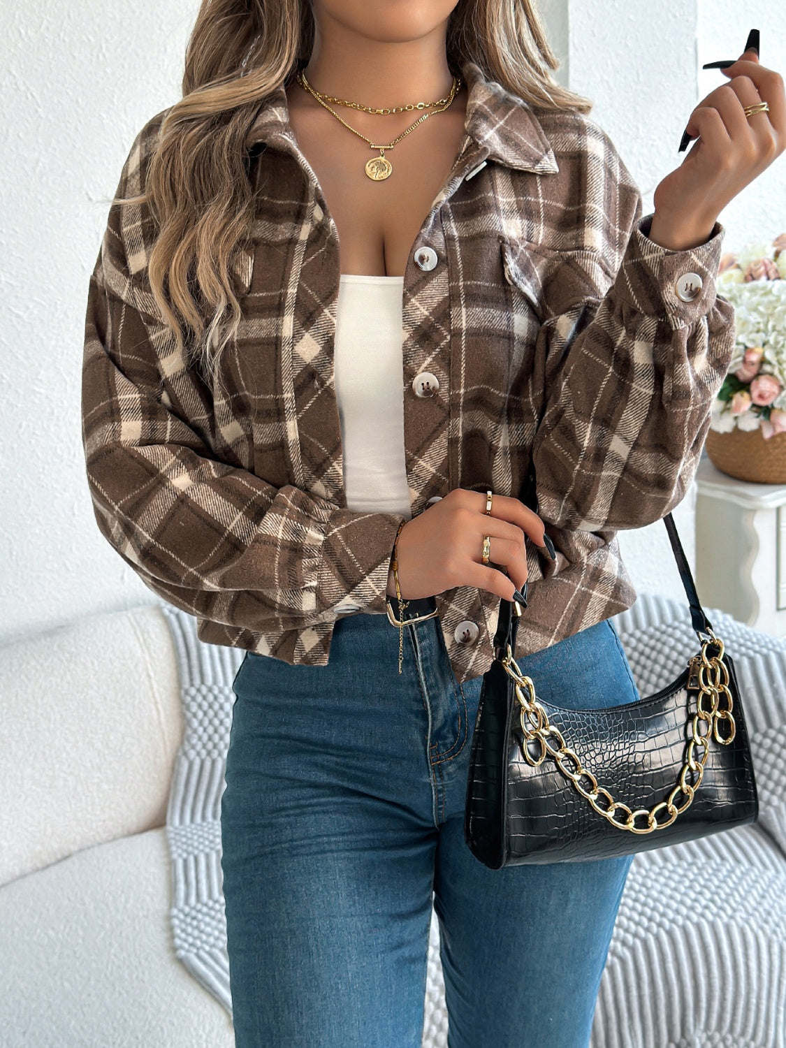 Plaid Button Up Long Sleeve Jacket - MyEmpired