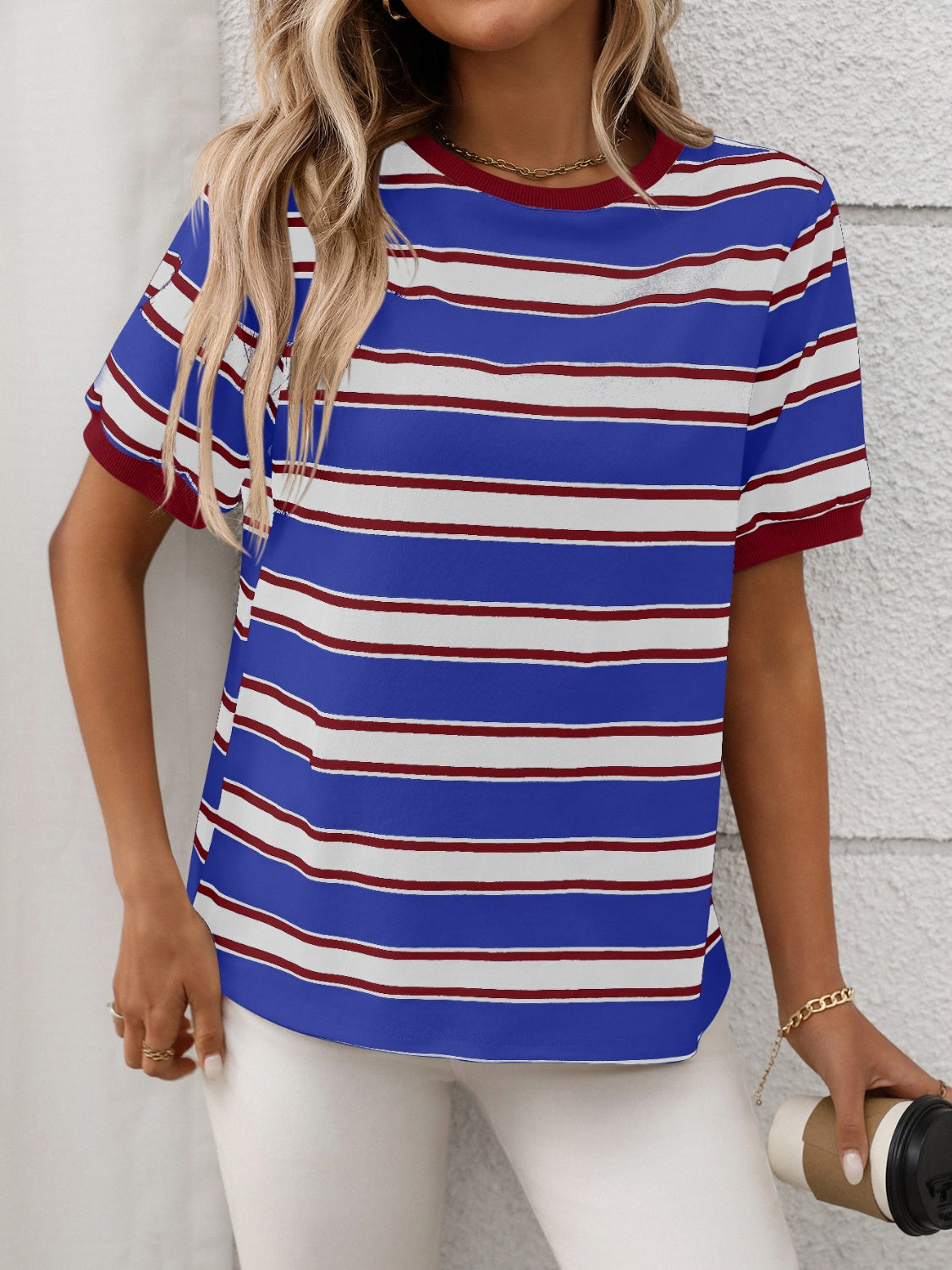 Contrast Striped Round Neck Short Sleeve T-Shirt - MyEmpired