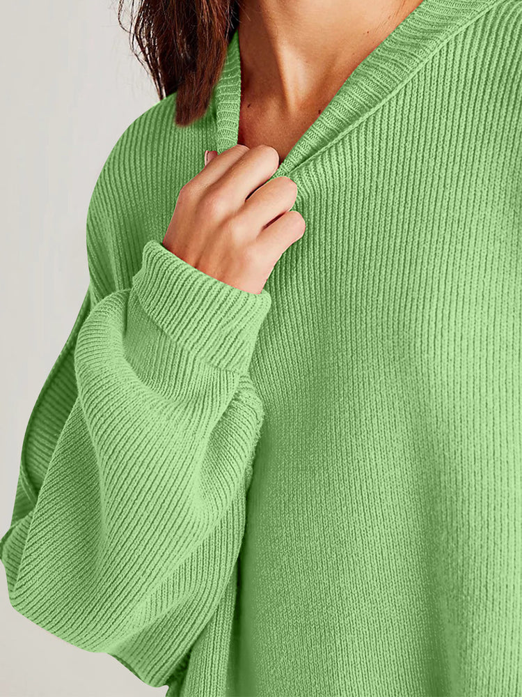 Double Take Side Slit Round Neck Long Sleeve Sweater - MyEmpired