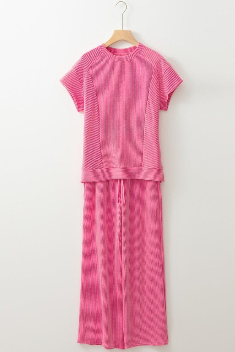 Corded Knit Short Sleeve T-Shirt and Wide Leg Pants Set - MyEmpired