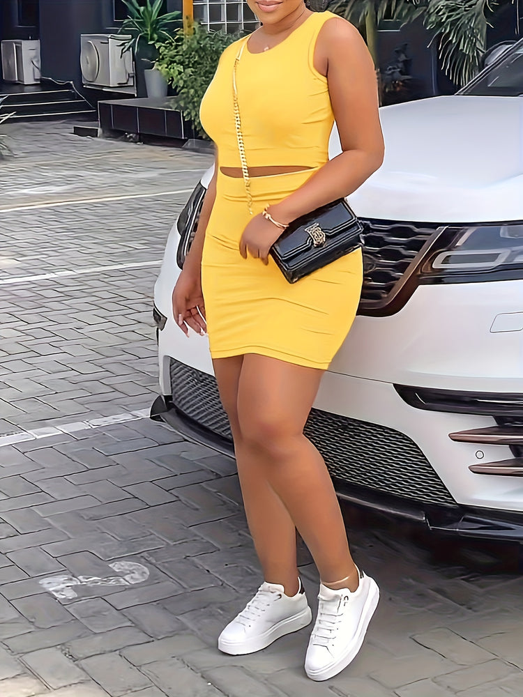 Solid Skirt 2 Piece Set, Casual Crew Neck Tank Top & Bodycon Skirt For Summer, Women&