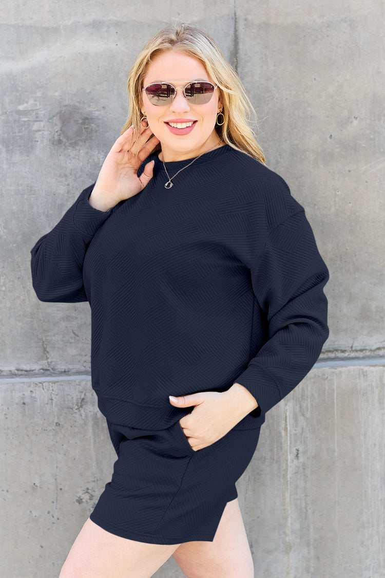 Double Take Full Size Texture Long Sleeve Top and Drawstring Shorts Set - MyEmpired
