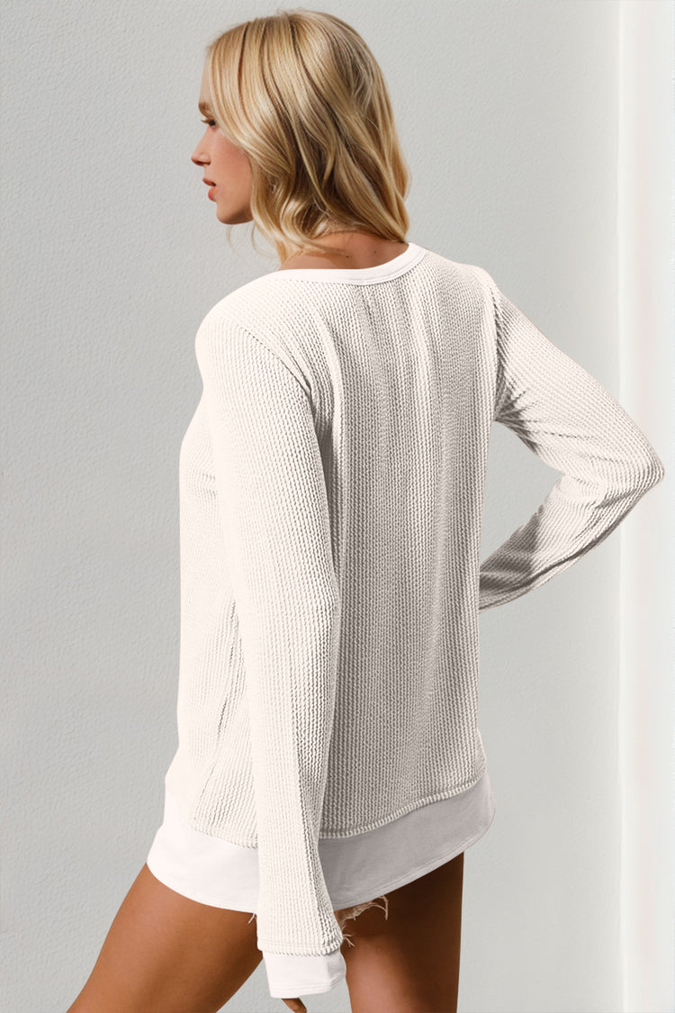 Double Take Corded Rib Thumbhole Cuff Round Neck T-Shirt - MyEmpired